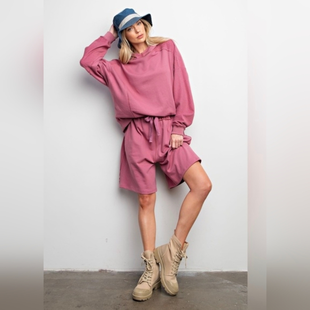 Easel Los Angeles Mineral Wash Hoodie & Shorts Set Dried Rose Size Large NWT